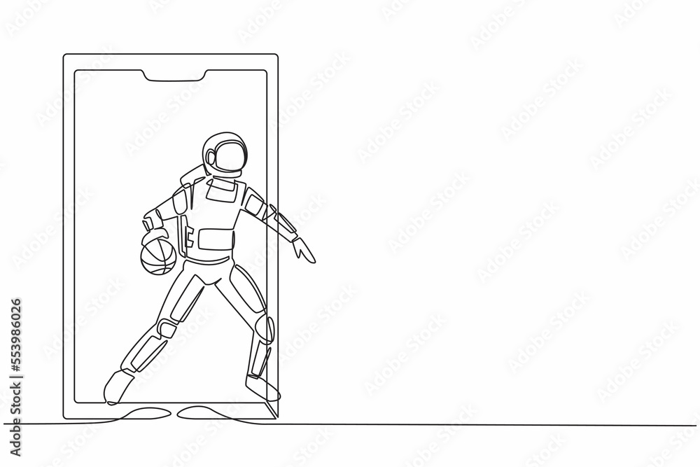 Continuous one line drawing astronaut basketball player running and dribbling with ball out of smartphone screen. Online basketball. Cosmonaut outer space. Single line draw design vector illustration