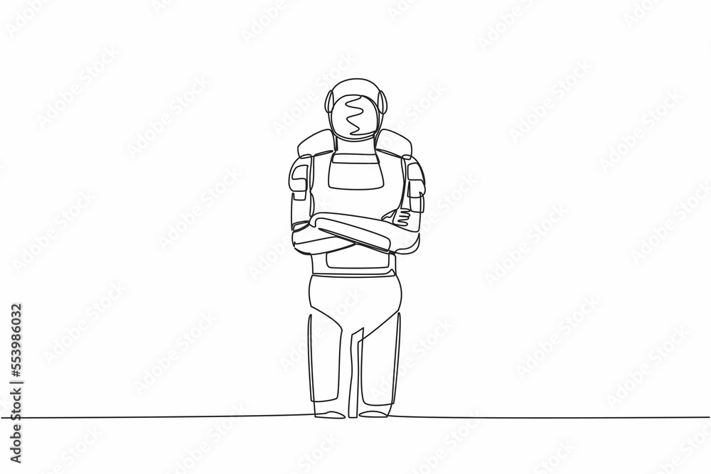 Single one line drawing young astronaut standing with folded arms pose. Future space technology development. Cosmic galaxy space concept. Modern continuous line draw graphic design vector illustration