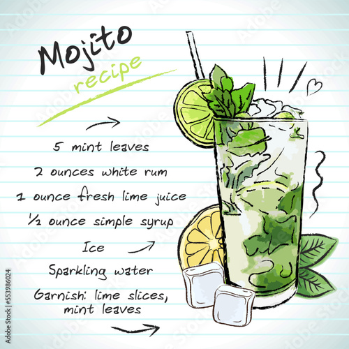 Mojito cocktail, vector sketch hand drawn illustration, fresh summer alcoholic drink with recipe and fruits	