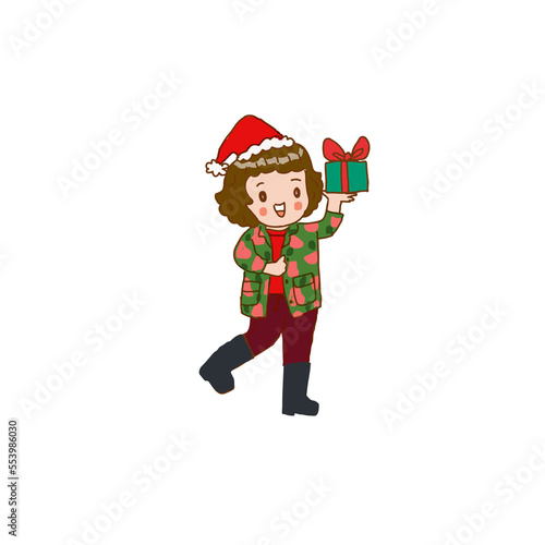 Santa boy holding a gift, freehand drawn illustration on white background © Colorsleeper