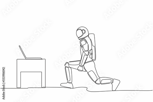 Single one line drawing astronaut doing fitness at moon surface in online classes using his laptop. Fitness online course. Cosmic galaxy space. Continuous line draw graphic design vector illustration