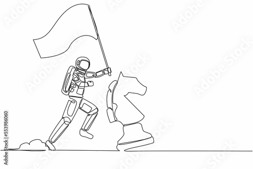 Continuous one line drawing astronaut running and holding flag beside horse chess piece. Celebrating triumph of intergalactic expedition. Cosmonaut outer space. Single line design vector illustration