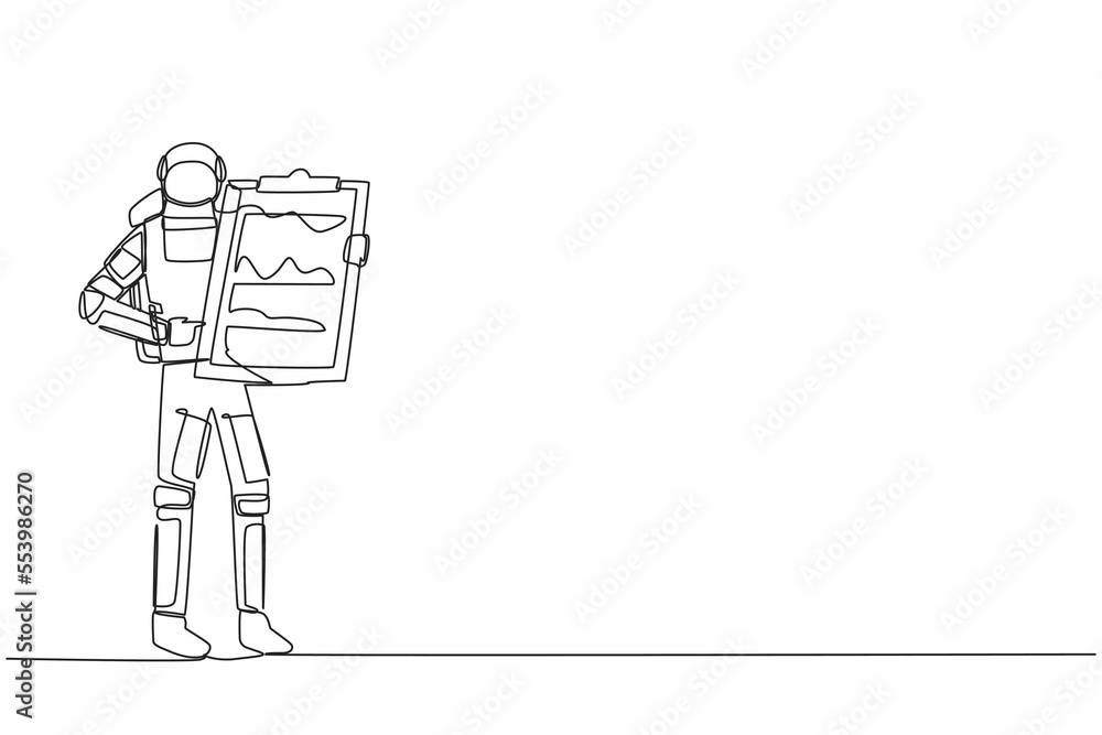 Continuous one line drawing young astronaut standing and pointing big clipboard in moon surface. Checklist of spaceman duty. Cosmonaut outer space. Single line draw graphic design vector illustration Continuous one line drawing young astronaut standing and pointing big clipboard in moon surface. Checklist of spaceman duty. Cosmonaut outer space. Single line draw graphic design vector illustration