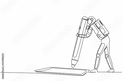 Single continuous line drawing of young astronaut standing near big checklist and fills out questionnaire with pencil in moon surface. Cosmonaut deep space. One line graphic design vector illustration