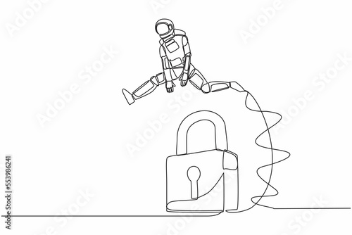 Single one line drawing astronaut jumping padlock. Space company protection security. Success expedition key accessibility. Cosmic galaxy space. Continuous line draw graphic design vector illustration