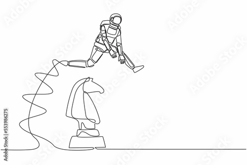 Single one line drawing astronaut jumping over chess horse knight. Brain intelligence for spaceship project. Tactical movement. Cosmic galaxy space. Continuous line graphic design vector illustration