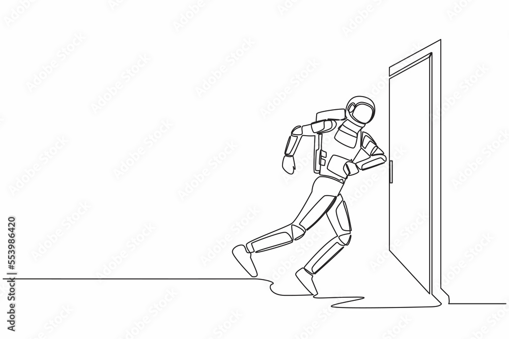 Single one line drawing young astronaut running wants to break down door. Spaceship expedition struggle. Strength for success. Cosmic galaxy space. Continuous line graphic design vector illustration Single one line drawing young astronaut running wants to break down door. Spaceship expedition struggle. Strength for success. Cosmic galaxy space. Continuous line graphic design vector illustration