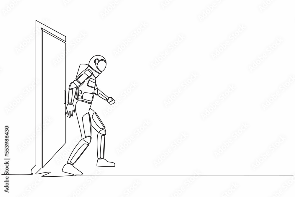 Single continuous line drawing of young astronaut walking and leaving closed door in moon surface. New space interstellar expedition. Cosmonaut deep space. One line graphic design vector illustration Single continuous line drawing of young astronaut walking and leaving closed door in moon surface. New space interstellar expedition. Cosmonaut deep space. One line graphic design vector illustration