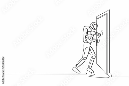 Continuous one line drawing of astronaut pushes closed door on wooden door frame. Metaphor to facing problem. Space exploration struggle. Cosmonaut outer space. Single line design vector illustration