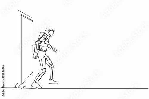 Single continuous line drawing of young astronaut walking and leaving closed door in moon surface. New space interstellar expedition. Cosmonaut deep space. One line graphic design vector illustration
