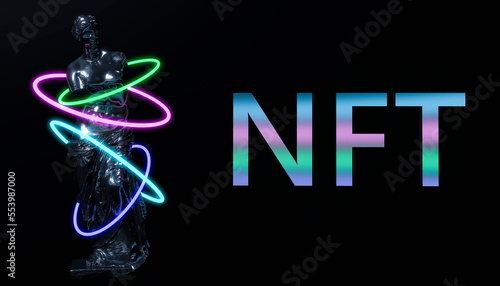 The Crypto Art of Non-Fungible NFT Tokens. statue of Venus. 3d render of NFT crypto art collectible concept. photo