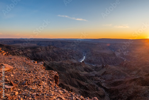 Wide angle landscape shot of the fish river canyon in Southern Namibia, around sunset.