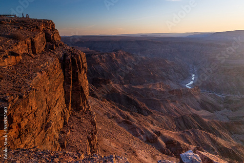 Wide angle landscape shot of the fish river canyon in Southern Namibia, around sunset.