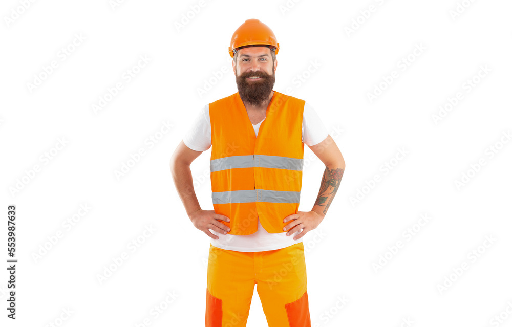 positive builder isolated on white background. builder man in uniform. bearded builder