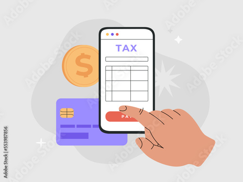 Telephone with tax form on screen, hand presses the button pay, credit card and coin. Online paying taxes on smartphone with credit card. Hand drawn vector illustration, modern flat cartoon style
