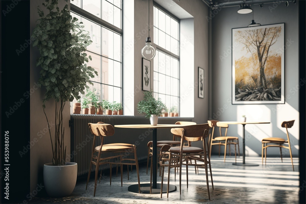 Modern interior of Cafe, room interior, restaurant, AI art