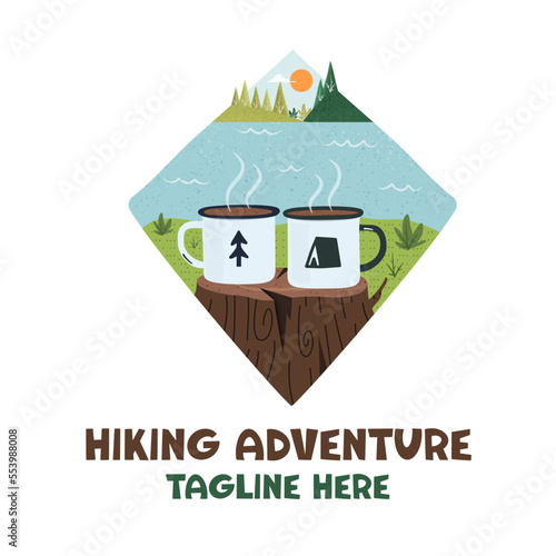 Hiking adventure badge design with a stump . Travel logo graphics. Stock vector camping label