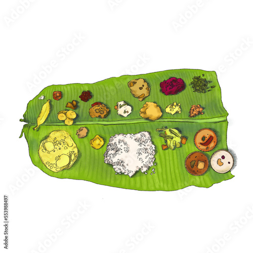 Fototapeta Naklejka Na Ścianę i Meble -  Kerala Onasadhya meal on a banana leaf. Traditional Onam celebration meal food illustration. colorful illustration of traditional Kerala malayali meal sadhya.