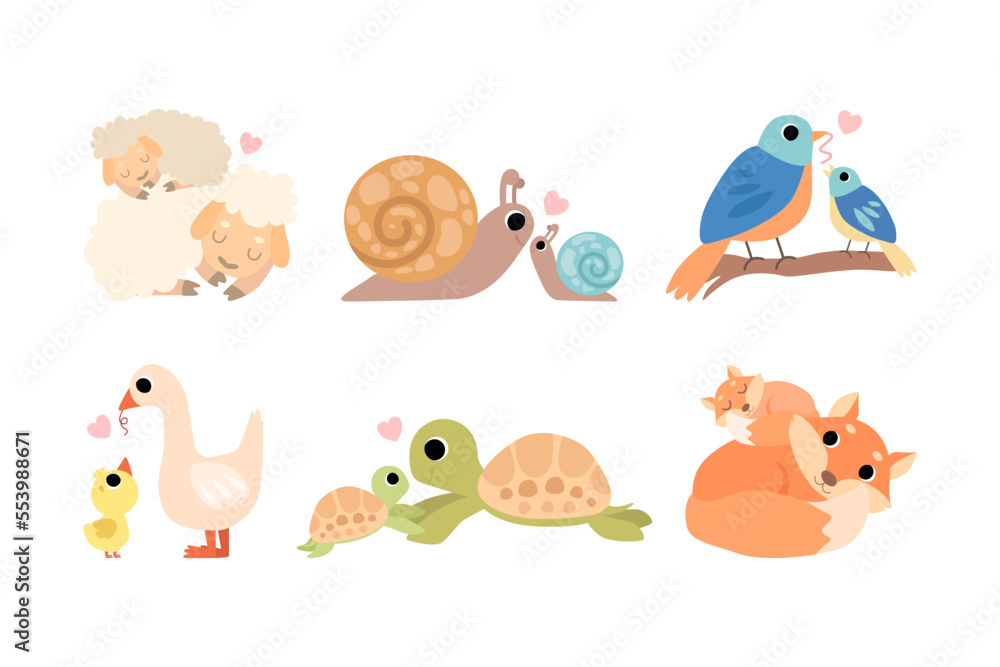 Little Baby Animal and Their Mom Cuddling and Loving Each Other Vector Set Little Baby Animal and Their Mom Cuddling and Loving Each Other Vector Set