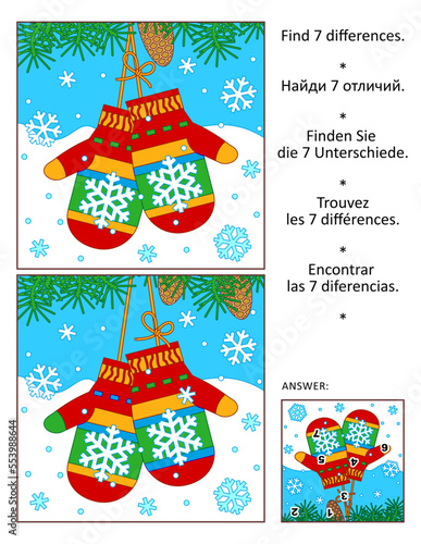 Differences game with lost mittens (may be, Santa's). Answer included.
