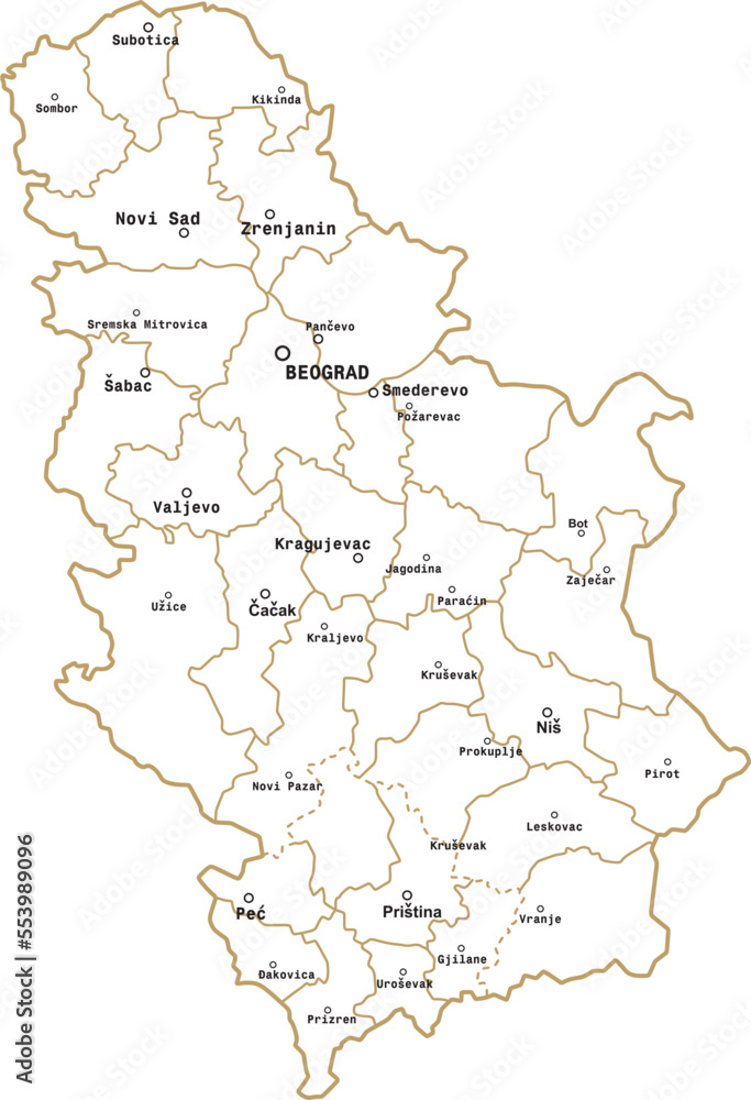 Vector white administrative map of Serbia. The territory of a European state with large cities, borders of regions.