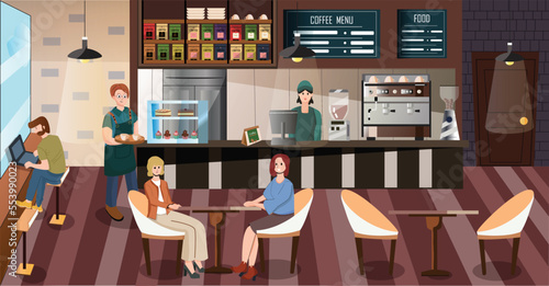 A screen of students working part time in a barista. People in cozy cafe, coffee shop interior, customers and waitress, vector illustration. Stylish restaurant, comfortable bakehouse, dessert menu.