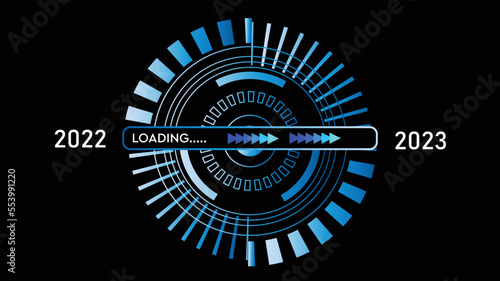 technology background, virtual download bar with loading progress bar for New Year's Eve and changing the new year on black background. Concept of New Year 2023