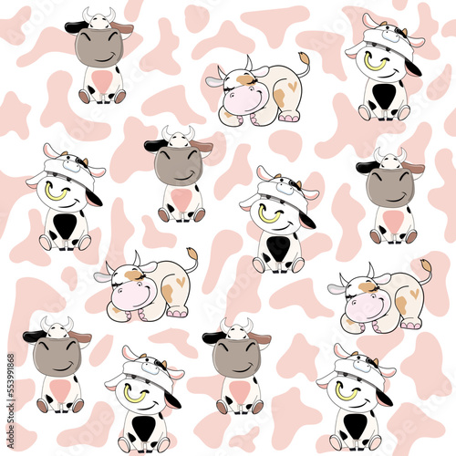 Cute cartoon cows on a white background seamless pattern. Vector illustration print for children t-shirt. Kawaii style