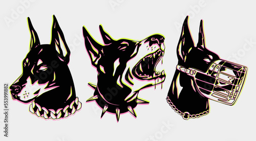 Portraits of a Doberman dog. Abstract neon style. Dog with spiked and chain collar, dog with muzzle. Calm and Barking doberman. Hand drawn Vector illustration. Print, logo, tattoo, sticker template