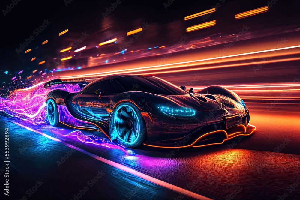 Futuristic sports car riding on high speed in the night. Neon street lights, blurred in motion. Generative art
