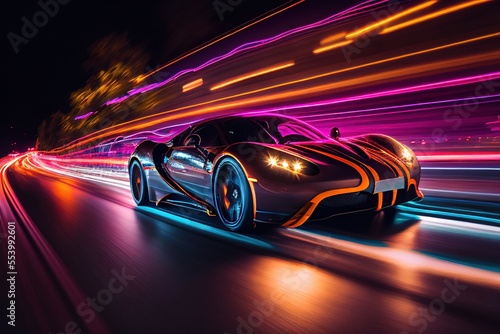 Modern sports car riding on high speed in the night. Neon street lights, blurred in motion. Generative art