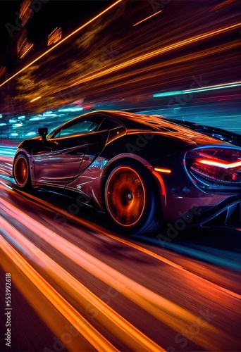 Modern sports car riding on high speed in the night. Neon street lights, blurred in motion. Generative art