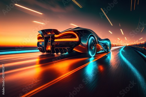 Futuristic sports car riding on high speed in the night. Neon street lights, blurred in motion. Generative art