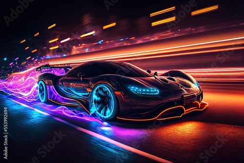 Futuristic sports car riding on high speed in the night. Neon street lights  blurred in motion. Generative art