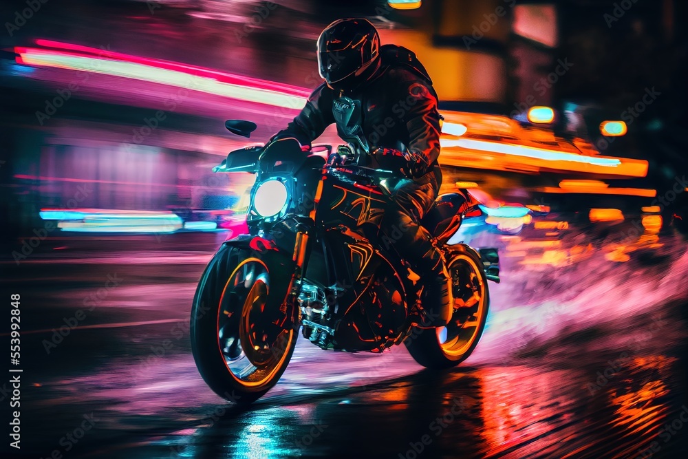 Biker rides on high speed in the night. City lights blurred in motion. Generative art
