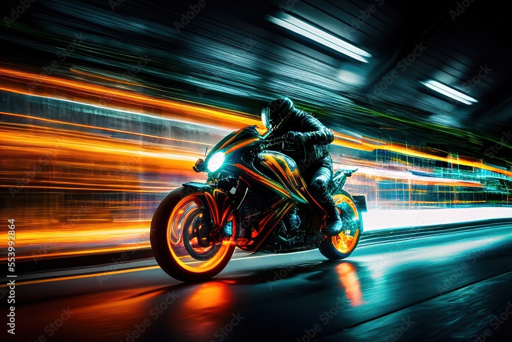 Biker rides on high speed in the night. City lights blurred in motion. Generative art