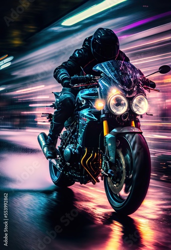 Biker rides on high speed in the night. City lights blurred in motion. Generative art © Cheport