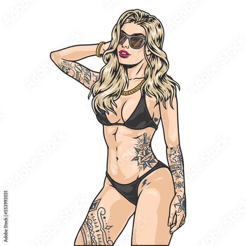 Beach tattoo girl colorful emblem