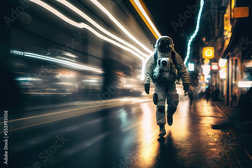 Astronaut walking at the city street in the night. Generative art