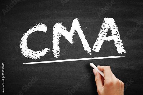 CMA Certified Management Accountant - professional certification credential in the management accounting and financial management fields, acronym text on blackboard photo