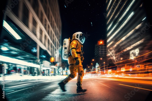 Astronaut walking by the crosswalk at the city street in the night. Generative art