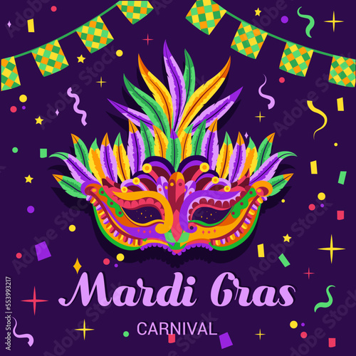 Invitation card to a carnival party mardi gras. Traditional mask with feathers, maracas, fireworks, tropical leaves for carnival, Mardi Gras, festival, masquerade, parade.