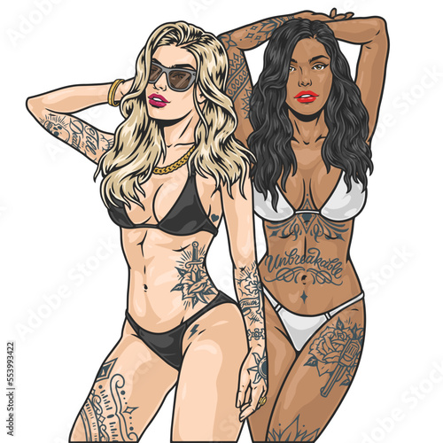 Beach tattoo girls colorful label