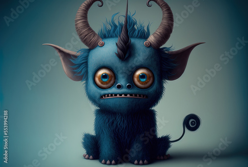 Illustration of a cute blue colored cartoon monster with horns that makes you queasy. Generative AI