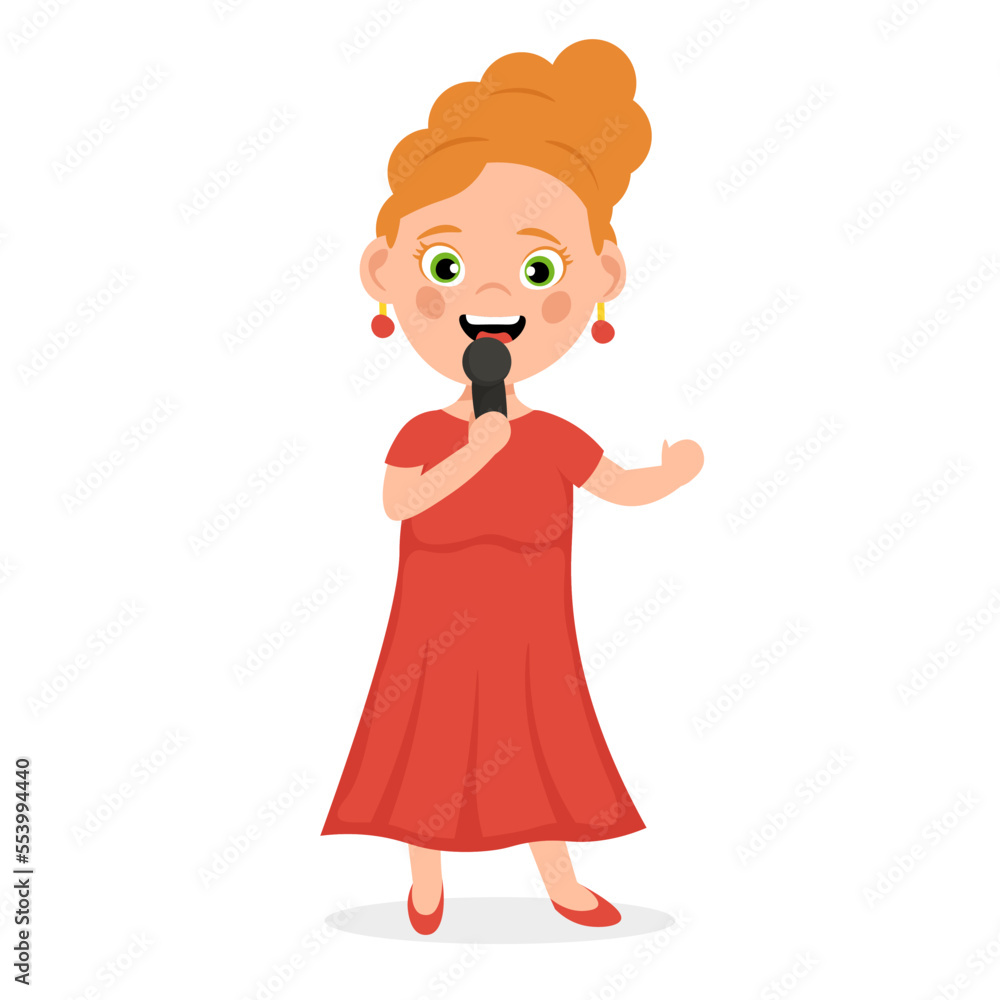 Singer girl. Cute little girl in dress with microphone. Cartoon vector illustration.