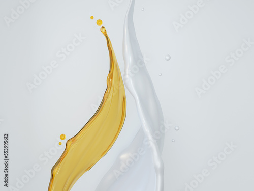 Golden oil serum with milk cream isolated on white. Cosmetic Liquid droplet concept.3d rendering.