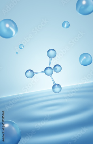 cosmetic moisturizer bubble on water surface, Cosmetic Essence, Liquid bubble, Molecule inside Liquid Bubble on water background, 3d rendering