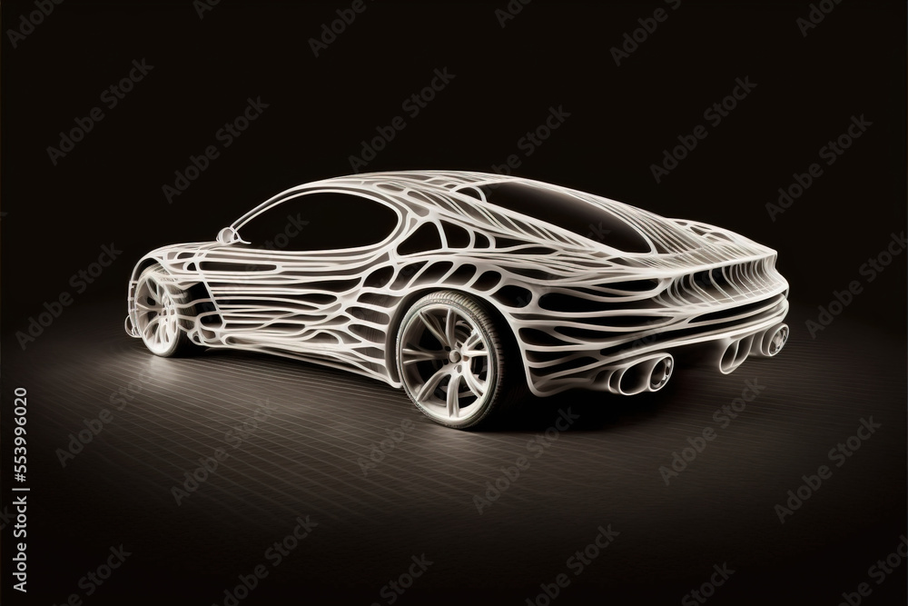 Fototapeta premium White frame of fast sports car in black space. Transportation and vehicles concept. AI Generated Illustration. High quality illustration