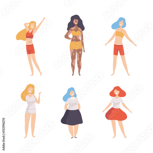 Female with Different Figure Type and Height as Body Positive and Self Acceptance Vector Set
