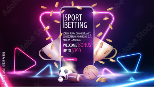 Sports betting, banner with smartphone with neon triangle frame on background, champion cups, falling gold coins and sport balls in scene with neon blue and pink triangles around